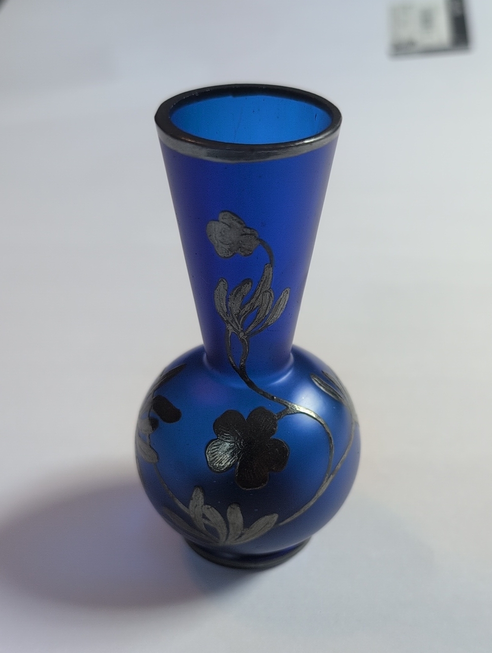 Cobalt Blue Glass Bud Vase with Silver Floral Detail
